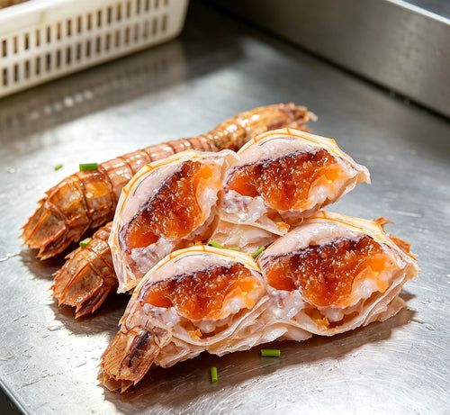 Fresh mantis shrimp split open showing roe