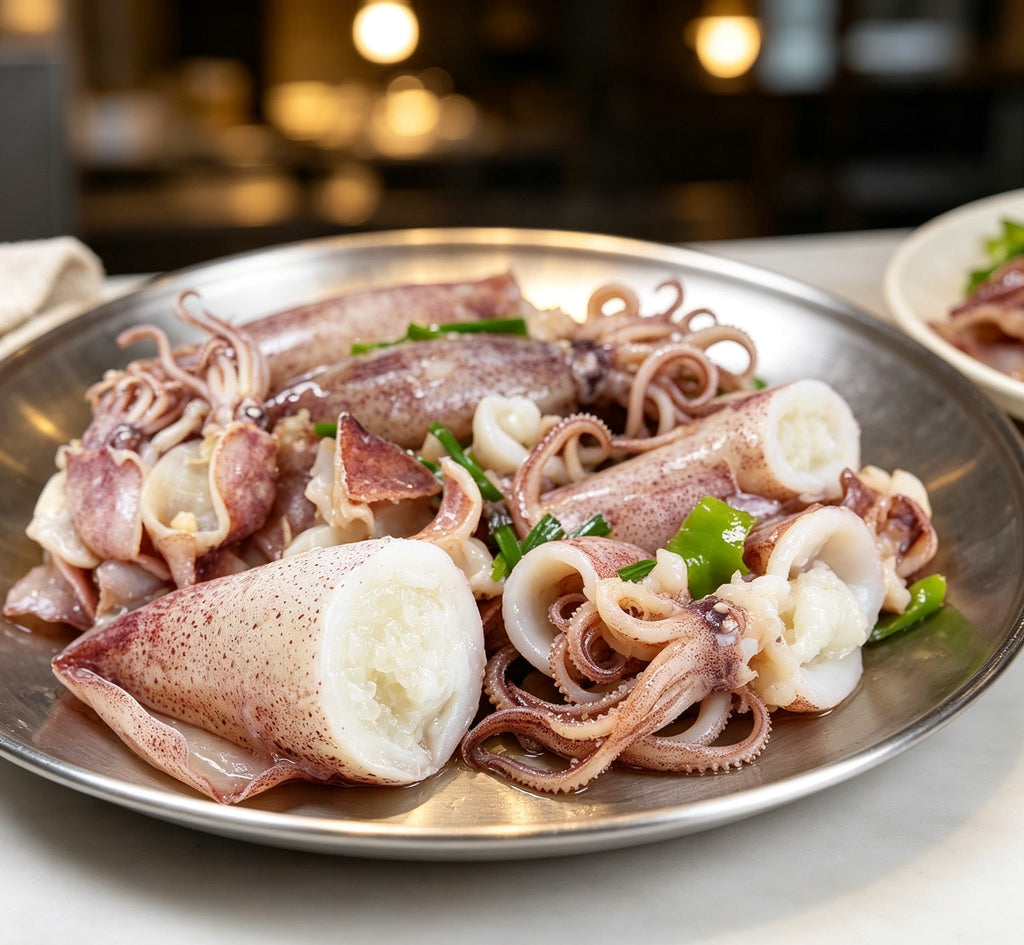 Fresh whole squid with curled tentacles