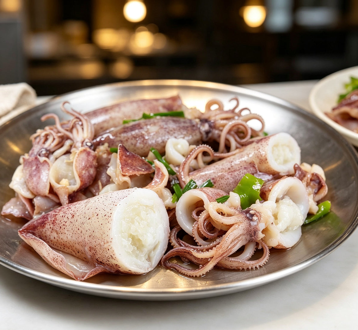 Fresh whole squid with curled tentacles
