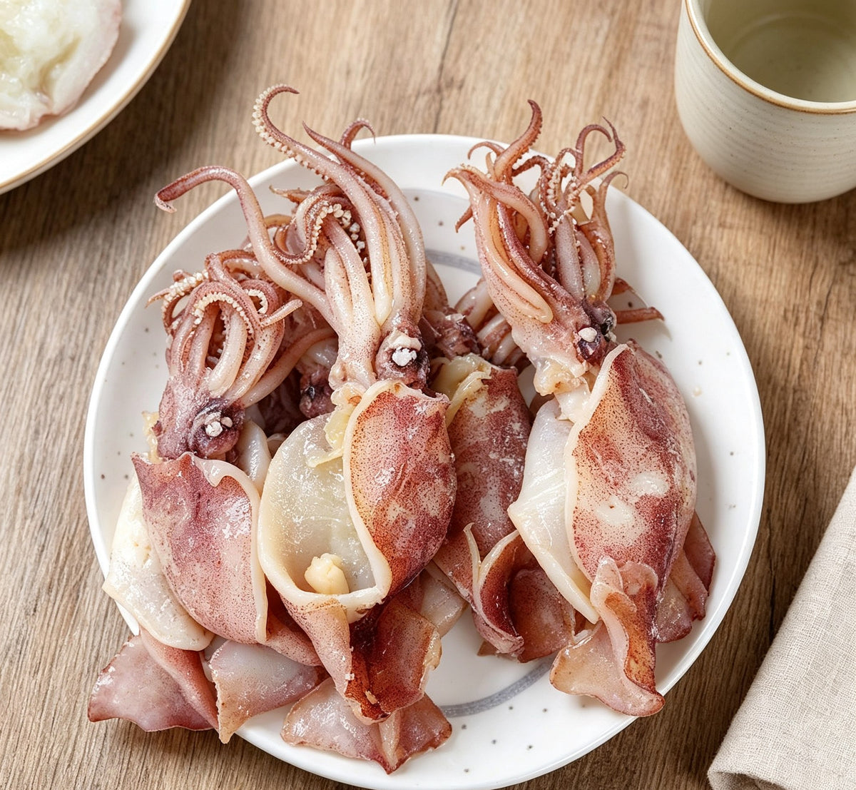 Fresh whole squid with curled tentacles