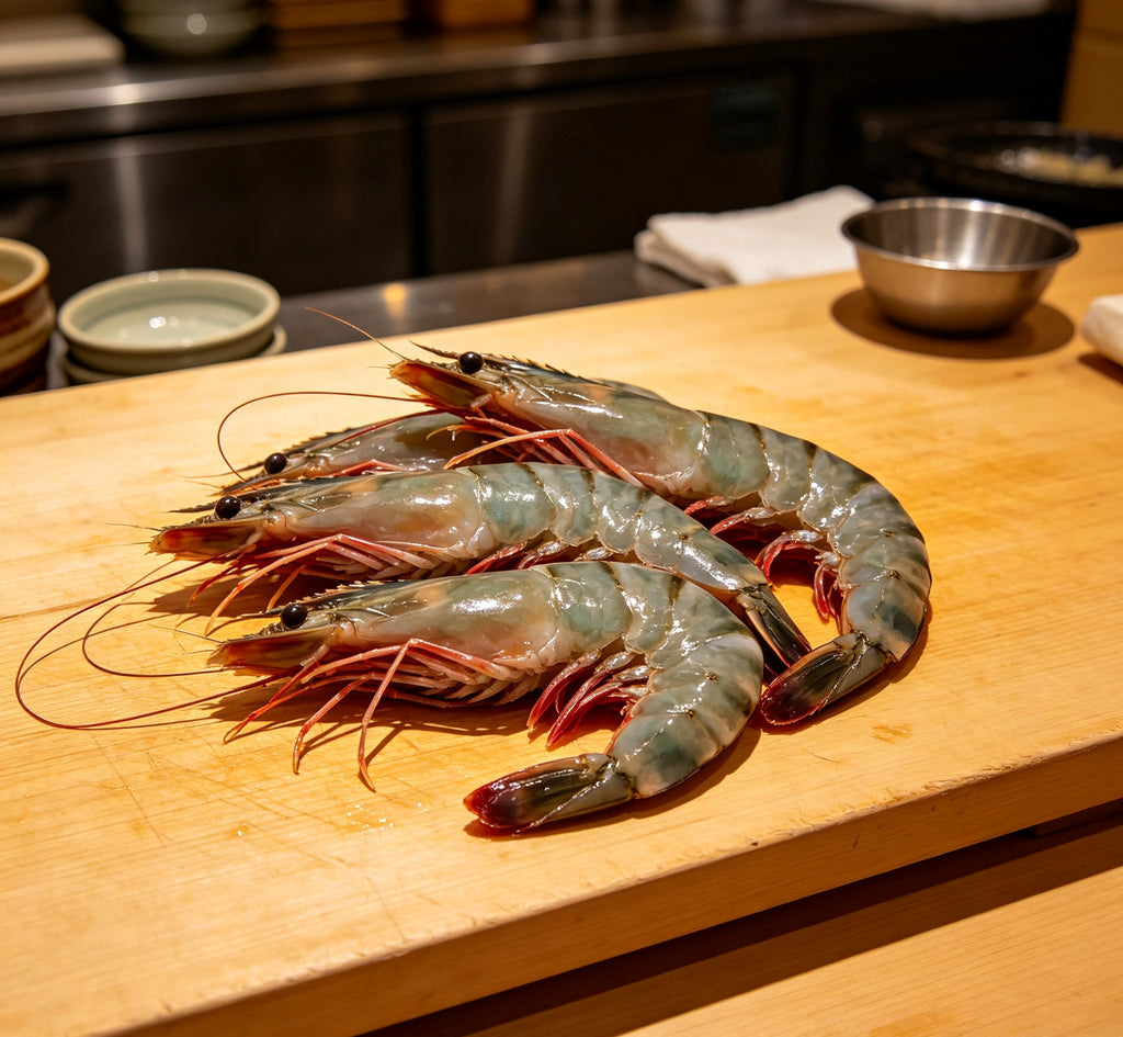 Whole raw tiger prawns